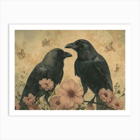 Floral Animal Illustration Crow 1 Art Print