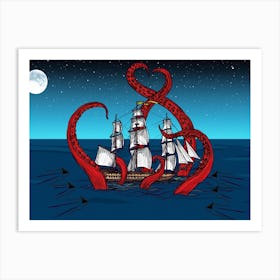 Mythological Kraken Attacks Ship At Night Art Print