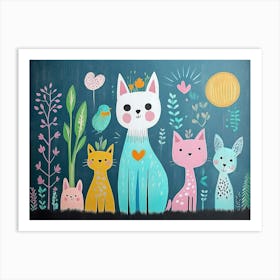 3D Cute Cats and Birds Art Print