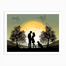 Silhouette Of Couple And Dog Art Print