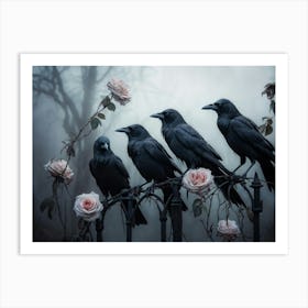 A Spectral Congregation Of Crows Enveloped By Withering Roses Tendrils Of Their Shadows Wrapping Ar Art Print