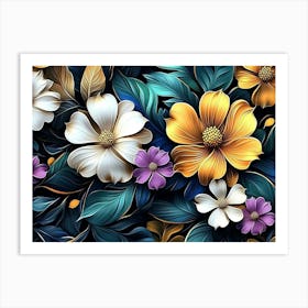 3D Art with Colorful Flowers and Leaves Art Print