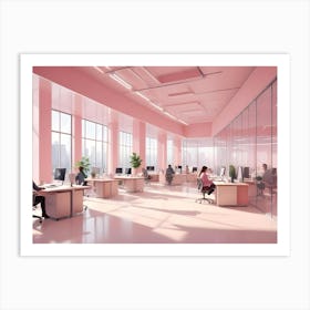 A Pink Office Interior With A Minimalist Design, Featuring White Desks And Chairs, Glass Walls, And A Cityscape View Through Large Windows, Creating A Modern And Airy Workspace Art Print