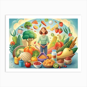 Woman Surrounded By Healthy Food Art Print