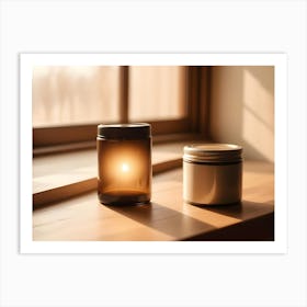 Photo Of Two Glass Jars On A Wooden Surface, Lit By Sunlight Shining Through The Window Art Print