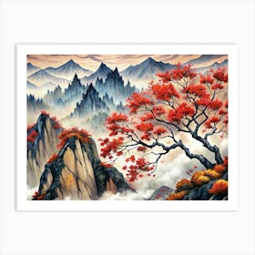 Mountain Landscape With Red Tree In Fog Art Print