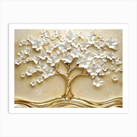 3d Golden Tree Life With White Flowers 1 Art Print