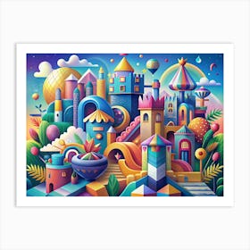 Dreamy Fantasy Cityscape With Bright Colors And Geometric Shapes Art Print