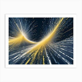 Abstract Design With White And Golden Lines Radiating Outward From A Central Point Against A Dark Blue Background, Creating A Sense Of Energy And Motion Art Print