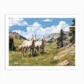 Horses Painting In Rocky Mountains Colorado, Usa, Landscape 2 Art Print