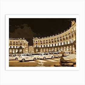 The lively Piazza della Repubblica in Rome at night. The image depicts a bustling city square at night, illuminated by warm streetlights. Two grand buildings, one curved and the other rectangular, flank the square, their facades adorned with intricate details and windows. The buildings are bathed in a soft, golden glow, creating a warm and inviting atmosphere. Art Print