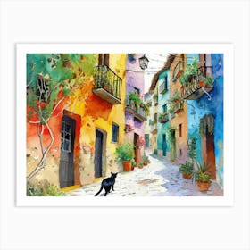 Tarragona, Spain   Cat In Street Art Watercolour Painting 4 Art Print