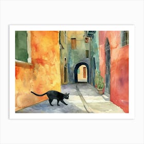 Black Cat In Taranto, Italy, Street Art Watercolour Painting 3 Art Print
