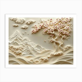 Beautiful Sakura Tree and Mountain 3d 5 Art Print