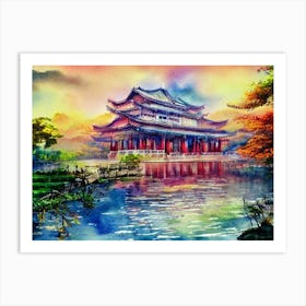 Pagoda By A Turquoise Lake Art Print