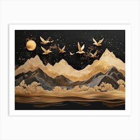 3d Featuring Golden Birds and Mountains Set Against a Brown and Black Background Art Print