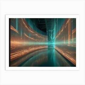 An Empty Room With A Large, Curved Screen Displaying Abstract Digital Patterns In Shades Of Orange And Blue Art Print