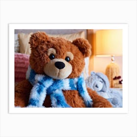 Close Up Of A Cozy Bear Wearing A Fluffy Scarf Snuggled Into A Plush Bed Details Accentuating The Art Print