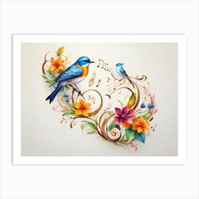 Colorful Singing Birds In A Symphony And Flower Design Illustration Art Print