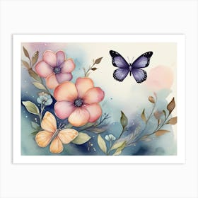 Butterfly And Flowers Watercolor Art Print