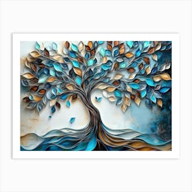 Abstract 3d Tree Artwork With Swirling Turquoise, Blue, And Brown Leaves 1 Art Print