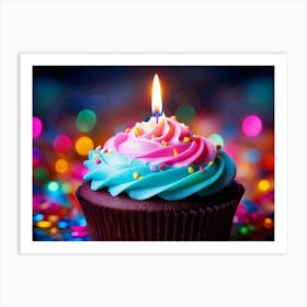 Cupcake With Vibrant Swirls Of Pink Blue And Green Frosting Single Lit Candle Atop Celebrating A 2 1 Art Print