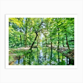 Serene River Landscape. The image depicts a tranquil river scene with lush greenery and a clear blue sky. A winding path leads through a forest of tall trees with vibrant green leaves, bordering the river. The water reflects the sky and surrounding foliage, creating a mirror-like surface. In the foreground, a weathered tree stump stands beside the path, adding a touch of rustic charm. 4 Affiche