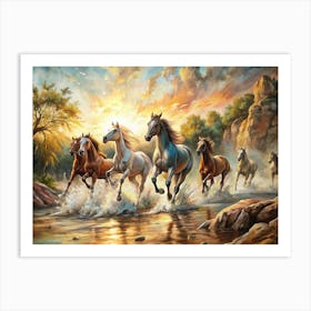 Horses In The Stream Art Print