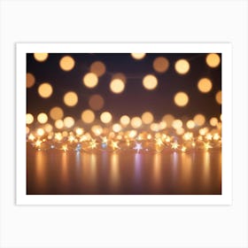 A Strand Of Twinkling Star Shaped Christmas Lights Lies On A Wooden Surface, With A Blurred Background Of Golden Circles Art Print