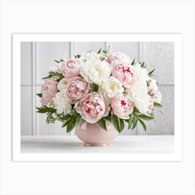 A Bouquet Of Pastel Pink And Pristine White Peonies With Hints Of Red Arranged Densely In A Natural (5) Art Print