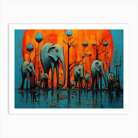 Elephants At Sunset Art Print