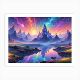 A Digital Painting Of A Fantasy Landscape With Colorful Mountains, A Lake, And A Vibrant Sky Art Print