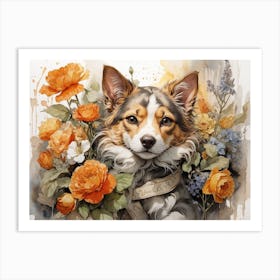 Dog With Flowers 1 Art Print