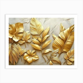 3d Gold Floral Plants And Palm Tropical Leaves Art Print