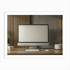 A Modern Desktop Computer With A Blank Screen, On A Desk With A Wooden Backdrop And A Small Plant In A Pot Art Print