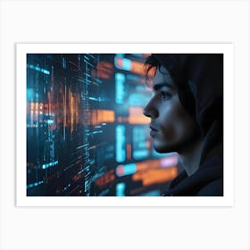 Young Man In A Hoodie Looking At A Futuristic Transparent Display Screen With Lines Of Code And Digital Data Art Print