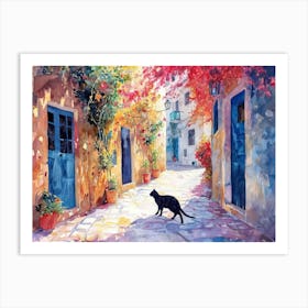 Rhodes, Greece   Cat In Street Art Watercolour Painting 2 Art Print