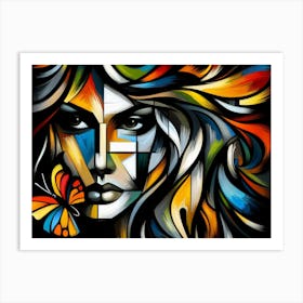 Wild and Colourful Abstract Female Portrait with Butterfly Art Print