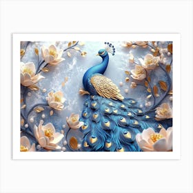 3d Peacock Golden Jewelry art Flowers Art Print