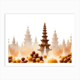 A Surreal Scene With A Wooden Pagoda In The Center Surrounded By A Misty Landscape And A Field Of Golden And Red Apples Art Print