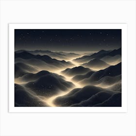 Abstract Night Scene Of A Valley Between Mountains With A Glowing, Path Or River Lit With White Lights, Resembling A Starry Sky Art Print