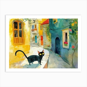 Larnaca, Cyprus   Cat In Street Art Watercolour Painting 3 Art Print