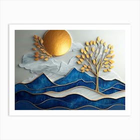 3d Modern Art With Dark Blue And Golden Wave Background 1 Art Print