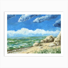 Summer Mood - impressionism painting water sea beach sky white blue hand painted living room bedroom Art Print