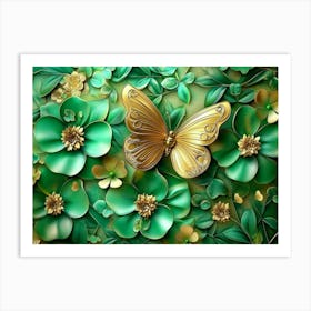 3d Art Abstract Floral Background with Green Flowers and Golden Butterfly 1 Art Print