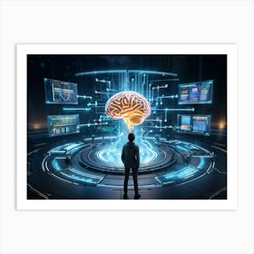 Abstract Cyber Concept Art Featuring A Human Brain At The Center Of Innovation Connected With Futur (3) Art Print