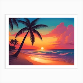 A Tranquil Beach At Sunset Horizontal Illustration 14 Art Print