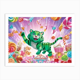 Illustration Of A Cheery Green Tiger Surrounded By An Array Of Whimsical Candy Shop Delights Pastel Art Print