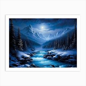 Midnight Landscape Of Snow Covered Mountain Forests Deep Valleys And Large Small Rocks Scattered Art Print