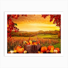 Autumnal Farm Landscape Pumpkins And Cornstalks Surround A Rustic Wooden Basket Filled With Apples (5) Art Print